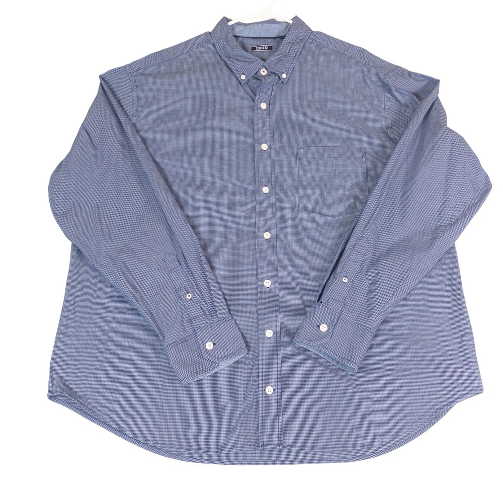 Izod Mens 2XLT Blue White Micro Check Button Down Long‎ Sleeve Shirt Tall